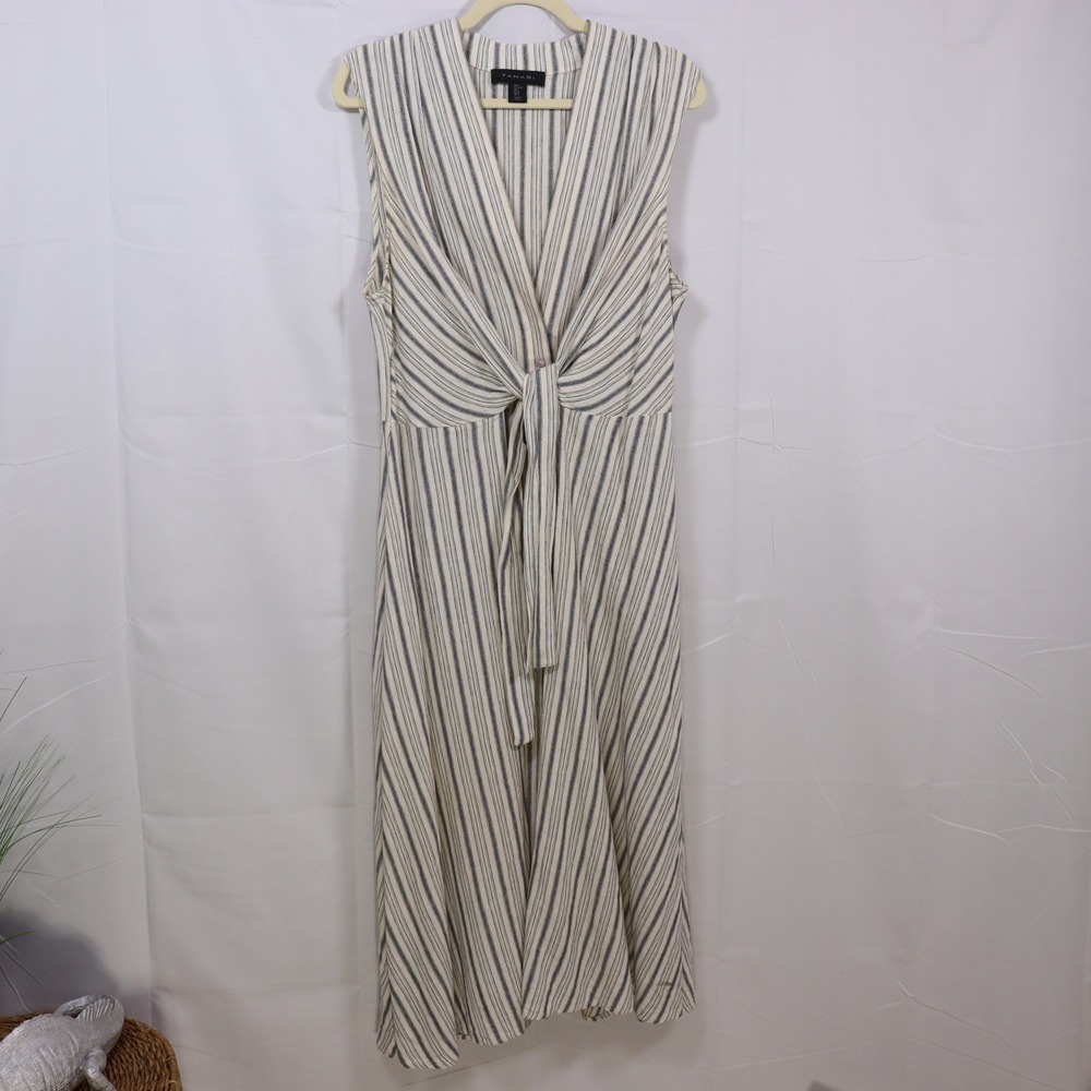 Tahari Striped Midi Dress Large Ivory Blue Womens Linen Blend Sleeveless